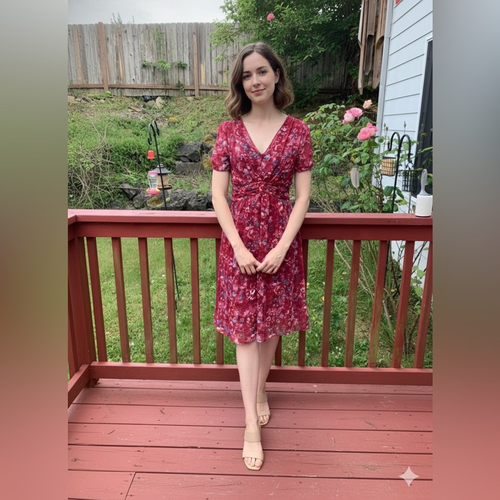 Romy Red Floral Chiffon Dress Size Small Vintage Y2K